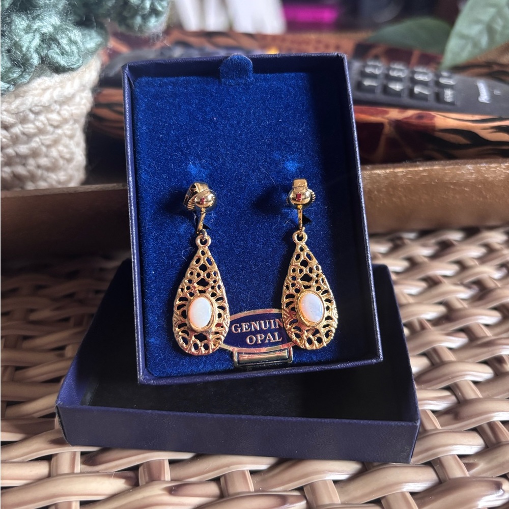 Elegant Gold and Opal Teardrop Clip on Earrings